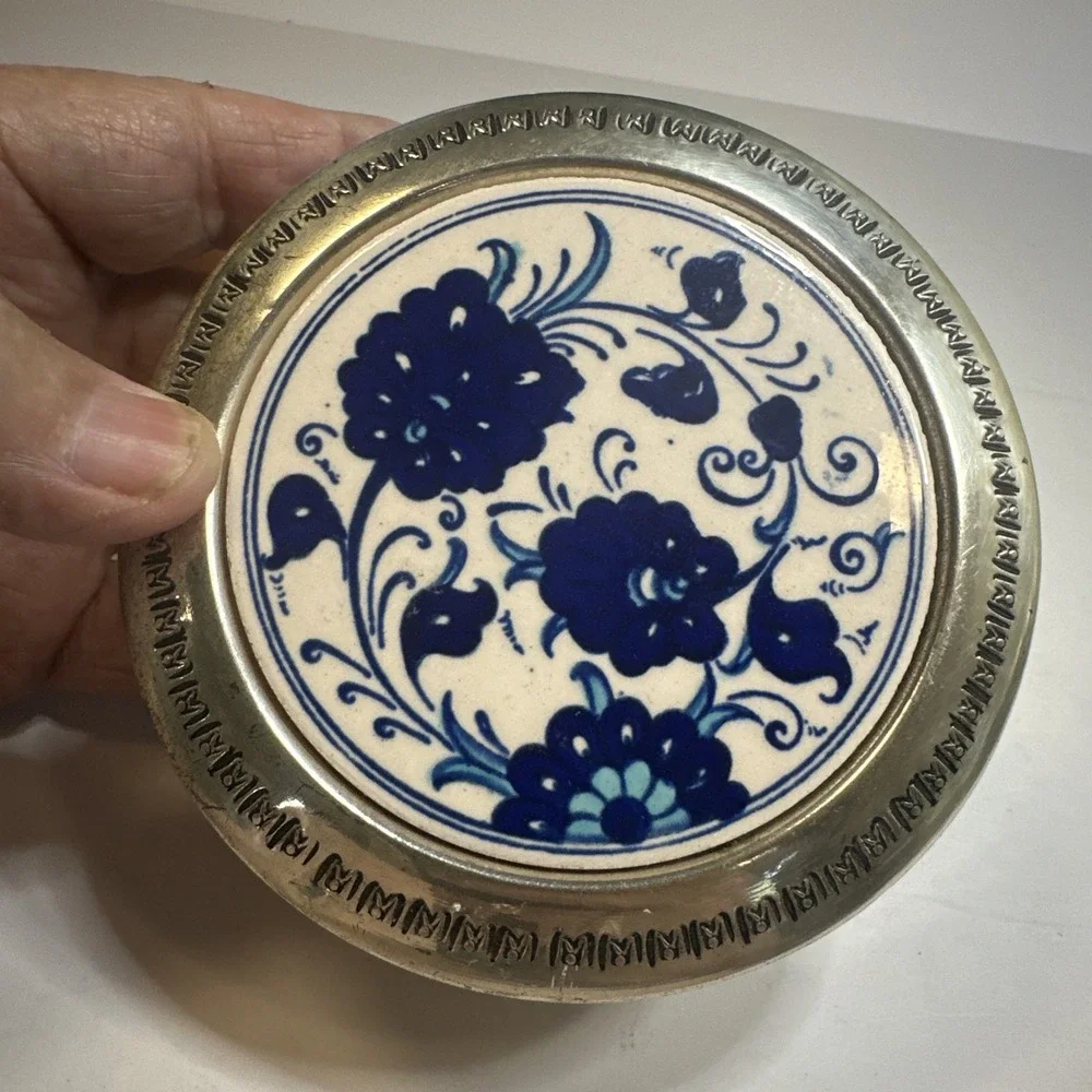 Vintage Round Silver Trinket Box With Porcelain Lid 4 1/2